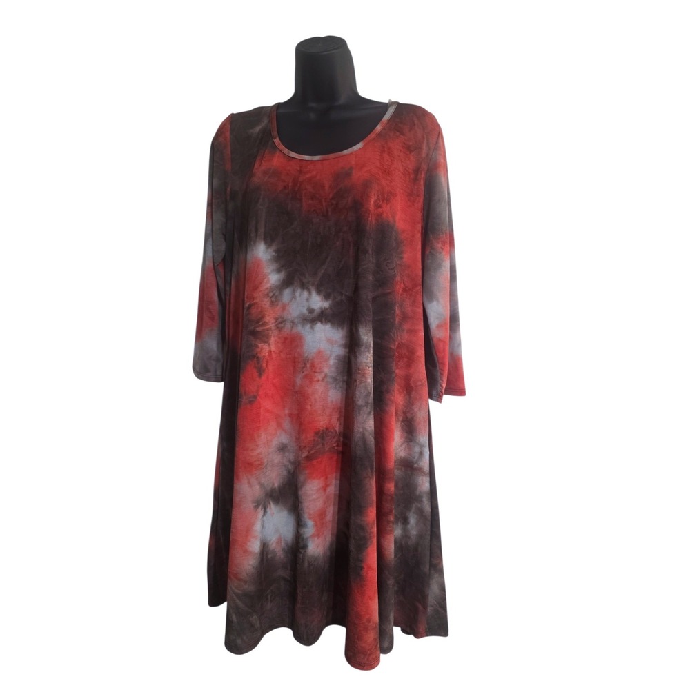 Honeyme Womens Red Black Tie Dye 3/4 Sleeve A-Line Dress Made in USA  L